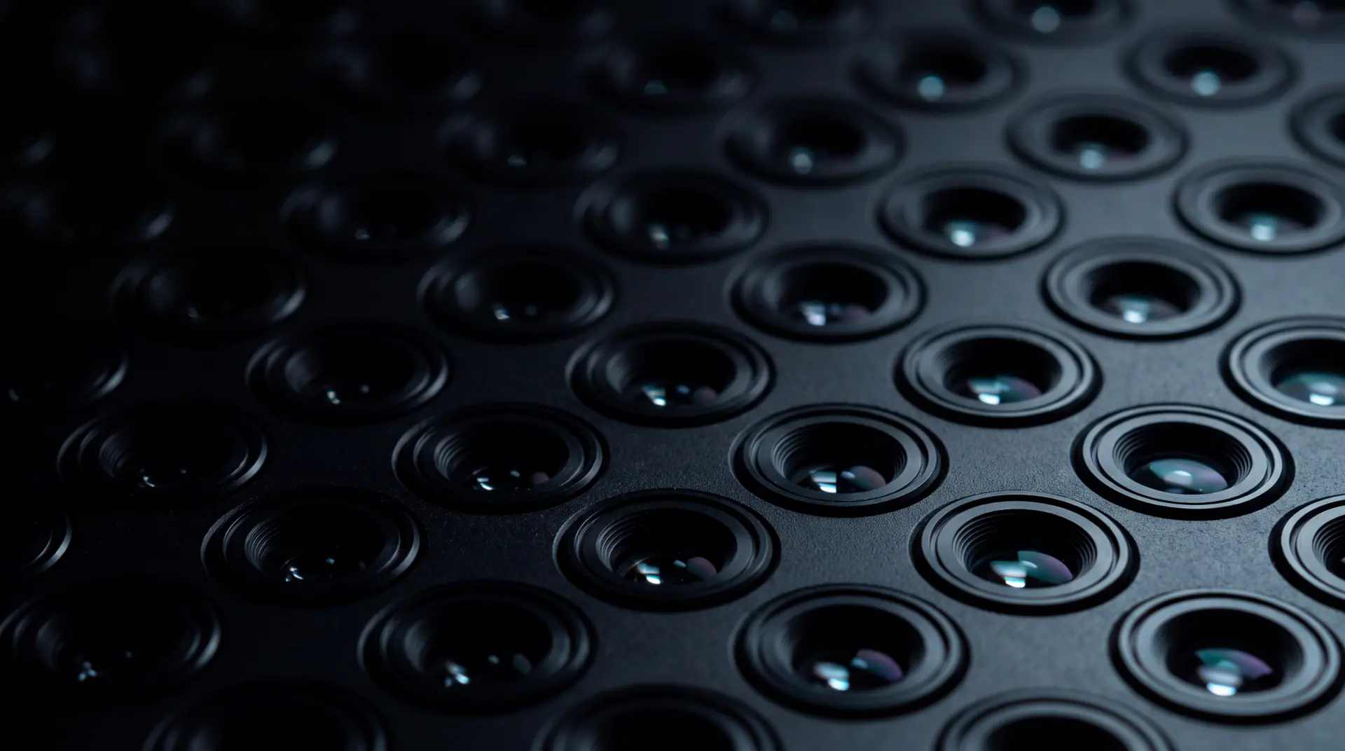 A dense array of small precision lenses set into a black machined panel, receding into shadow.