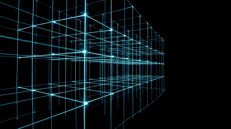 A precise scaffold of thin cyan lines in perspective, the framework of a structure with nothing built on it yet.